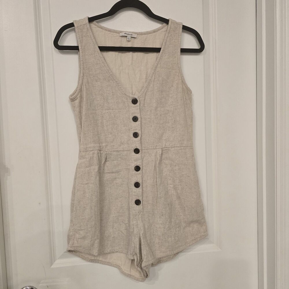 Madewell Linen Blend Button Front Romper Oatmeal Beige Size 0 Sleeveless NF908